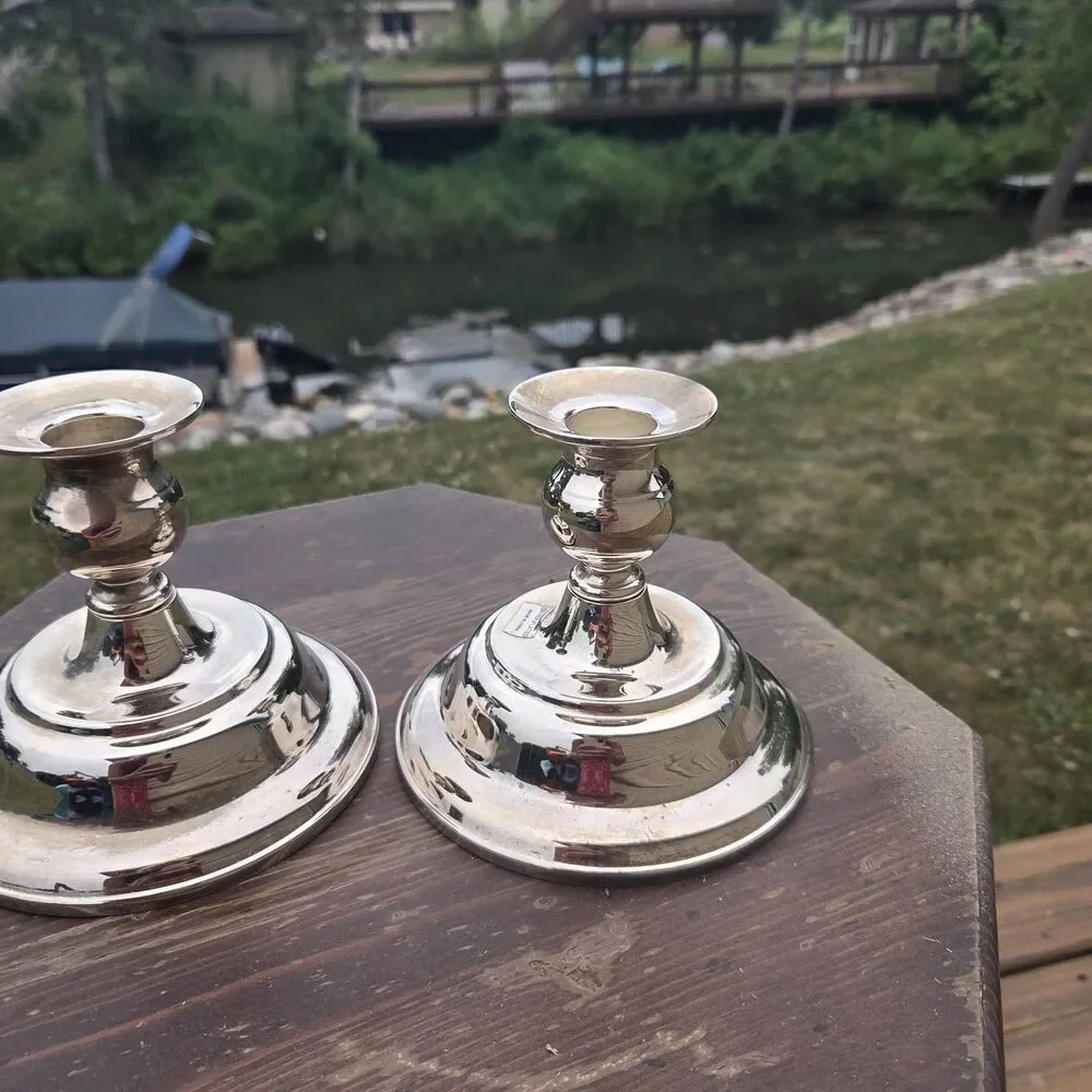 VTG Silver Plated Candlestick Holders Pair Round Base 4.5 Inch Taper